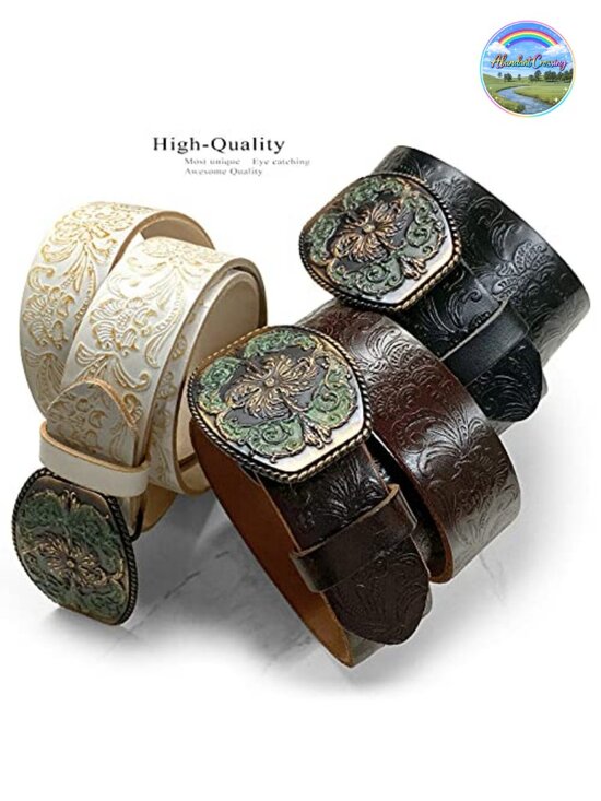 Full Grain Genuine Leather Western Floral Engraved Buckle Belt 1.5\